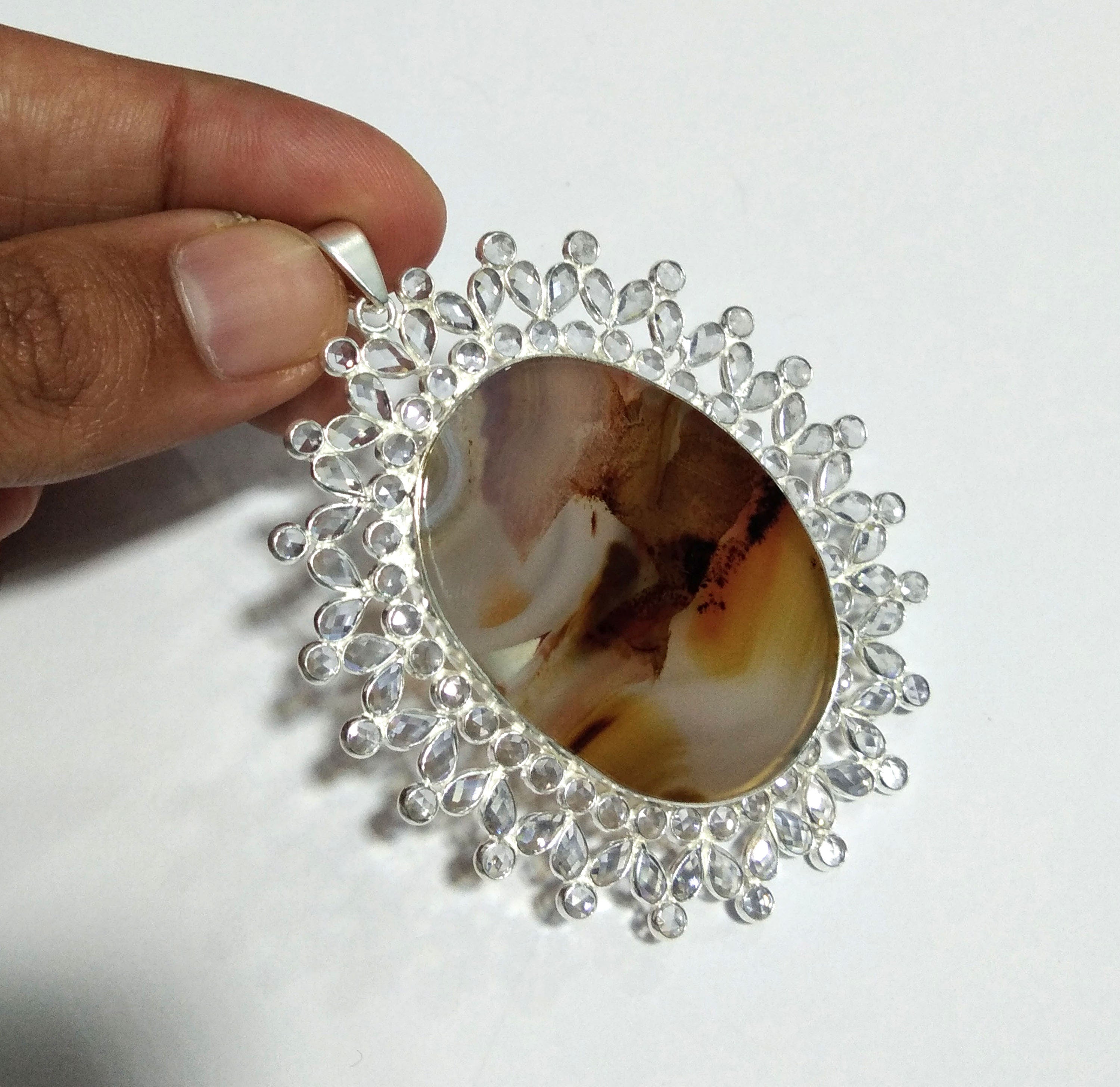 Natural Montana Agate, White Zircon Stone Pendant, 925 Solid Starling Silver Pendant, Stone Size 45x33mm For Gift Halloween day Sale Pendant